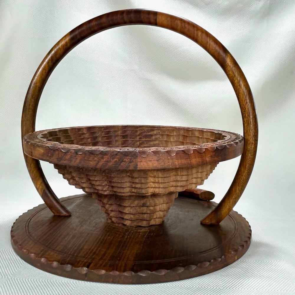Vintage Collapsible Hand Carved  Wooden Centerpiece, Basket, Rosewood Trivet